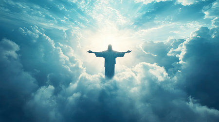 A figure of Jesus Christ is depicted standing on soft billowy clouds, arms outstretched in welcome, radiating a brilliant light that symbolizes hope and faith.の素材