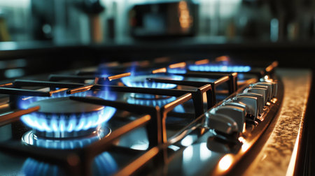 Flames flicker gracefully from a gas stove, highlighting intricate surfaces and textures in a rustic kitchen bathed in warm, inviting light.の素材