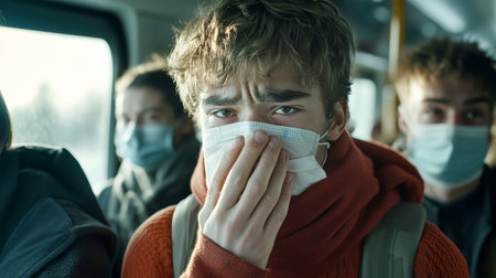 A young man with a cold sneezes on a bus filled with masked passengers, creating an atmosphere of tension during a spring journey across Europe.の素材