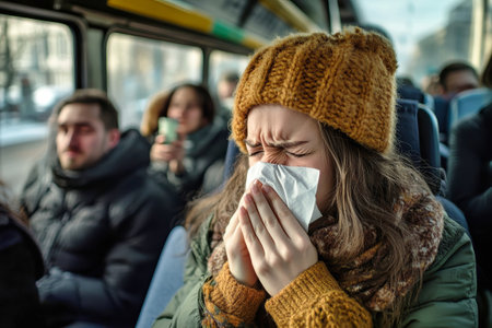 While riding a bus, a woman sneezes into her handkerchief, prompting concerned looks from passengers nearby as they react to her sudden illness.の素材