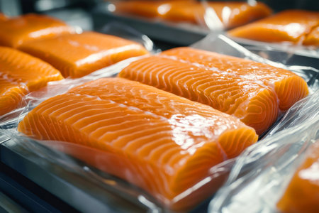 Salmon fillets are neatly packed in clear plastic bags, showing their vibrant color and texture on a well-organized packing line in a food processing facility.の素材