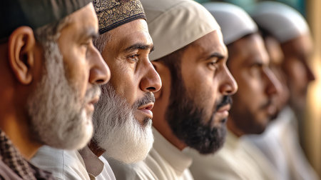 A group of Muslim men focuses intently on a speaker at a community event, showing their expressions of interest and reflection in a moment of learning and unity.の素材