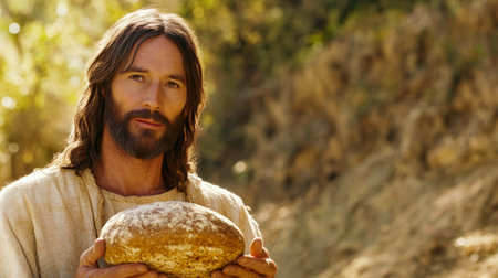 In a tranquil outdoor environment, Jesus cradles a broken loaf of bread, embodying themes of sharing and sustenance. Soft lighting highlights the significance.の素材