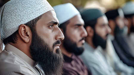 In a serene outdoor setting, a close-up captures a group of Muslim men with long beards and white skullcaps, reflecting shared moments of contemplation and community.の素材