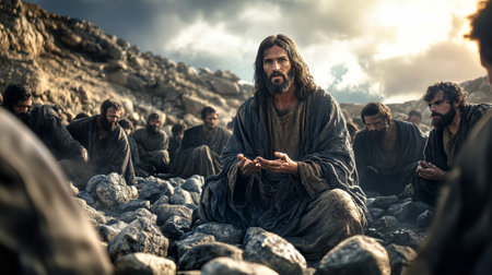 In a captivating moment, Jesus stands amidst his disciples, holding stones and offering wisdom as they sit on rugged ground, enveloped in soft lighting and dramatic skies.の素材