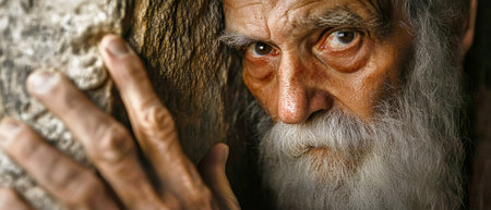 An elderly Jewish man with a long white beard engages in heartfelt prayer at the Western Wall, resting his hand on the ancient stones, showing his devotion.の素材