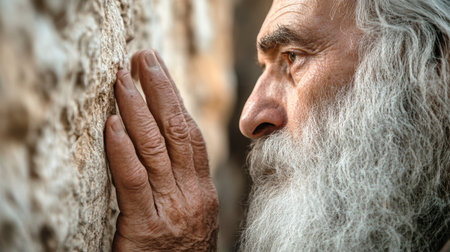 An elderly Jewish man gently presses his hand against the ancient stones of the Western Wall in Jerusalem, immersed in prayer and tranquility, lost in deep reflection.の素材
