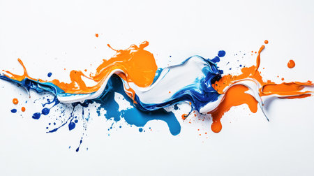 Colorful splashes of orange, blue, and white dance across a pristine white background, creating a captivating and minimalist artistic composition under studio lighting.の素材