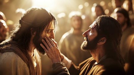In a moment of profound compassion, Jesus gently touches the face of a blind man, restoring his sight while a crowd watches in awe, enveloped in soft, radiant light.の素材