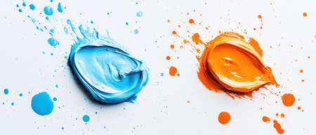 Colorful splashes of orange and blue paint create a striking visual effect against a clean white backdrop, showing artistic potential and design inspiration for projects.の素材