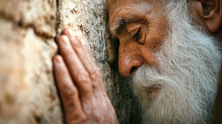 An elderly Jewish man with a white beard leans against the Western Wall, hand on the stones, praying deeply in solitude and reverence.の素材