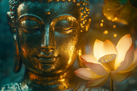 A golden Buddha statue radiates serenity next to a luminous lotus flower, surrounded by a rich, dark background that enhances the magical atmosphere.の素材
