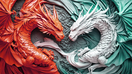 Colorful relief features intricately designed dragons in orange and blue on one side and white and gray on the other, set against a dark gray background.の素材