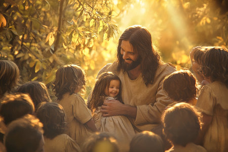 Laughter and warmth fill the air as Jesus embraces children, surrounded by soft woodland light. Their joyful expressions create an uplifting and serene atmosphere, captured in a hyperrealistic style.の素材