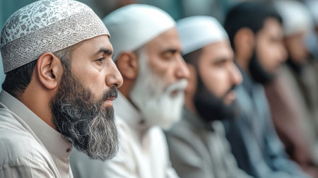 A diverse group of Muslim men sit in profile, engaged in contemplation. Their long beards and white skullcaps are beautifully highlighted against a softly blurred backdrop.の素材