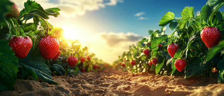 Rows of lush strawberry plants are illuminated by the warm glow of sunset, showcasing ripe berries hanging amidst green leaves under a beautiful blue sky.の素材