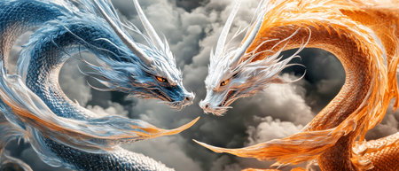 Bold orange, blue, and white dragons intertwine gracefully against a dark gray background, their heads facing each other, creating dynamic semicircular shapes.の素材