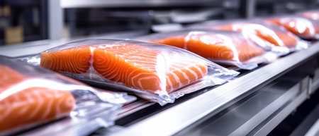 Fresh salmon fillets are neatly arranged in vacuum bags, moving along a conveyor belt in a bright, clean food packaging environment, showcasing a meticulous process.の素材