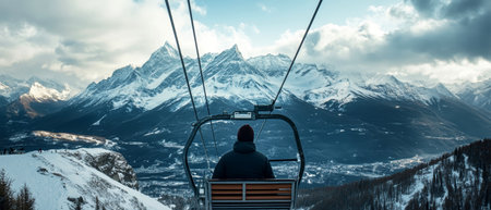 From the perspective of a rider, the ski lift ascends gracefully, revealing stunning snow-capped peaks and a serene valley landscape, evoking a sense of adventure.の素材