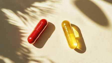 Two vibrant capsules sit against a light backdrop, showing the fusion of wellness and modern design in a creative and health-focused context.の素材