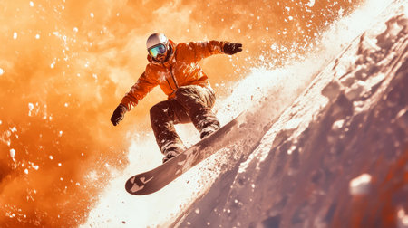 Boldly launching into the air, a snowboarder showcases incredible skill against a backdrop of swirling orange hues and flying snowflakes, embodying excitement and adventure.の素材