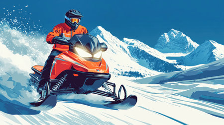 A skilled driver maneuvers an orange snowmobile through snowy mountains, gliding swiftly while gripping the steering wheel with determination.の素材
