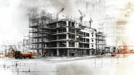 Highlighting the intricate process of residential construction, this collage blends architectural designs with bustling site activities, showing urban development vibrancy.の素材