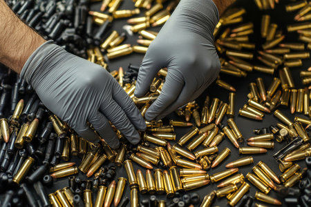 Hands in gray gloves meticulously place bullets among scattered cartridges on a smooth black floor, showing a blend of artistry and precision in their assembly process.の素材