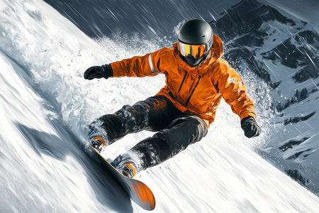 A skilled snowboarder speeds down a breathtaking mountain slope, clad in a striking orange and black suit.の素材