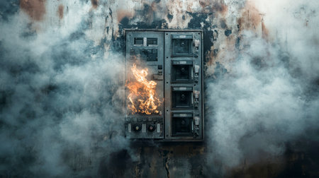 An electrical panel erupts in flames, smoke billowing around as fire safety becomes a pressing concern. The rustic backdrop enhances the urgency of the moment.の素材