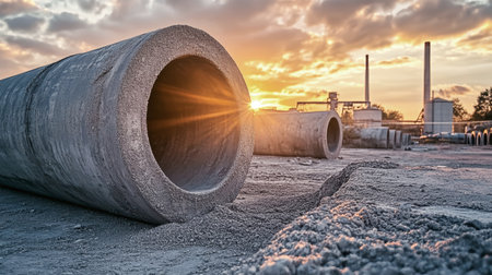 Close-up of a robust gray pipe at an industrial cement plant during sunset. The setting sun casts a warm glow, illuminating the surroundings with rustic tones.の素材