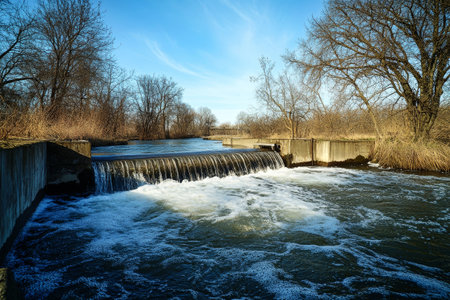 Bright sunlight shines on the flowing water at the sewage treatment plant as cleaning and control processes take place amidst nature's serenity.の素材