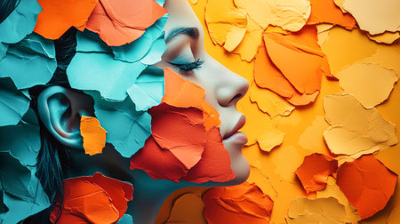 This artwork showcases a woman's profile beautifully blended with colorful paper cutouts, featuring shades of orange and turquoise for a striking visual experience.の素材