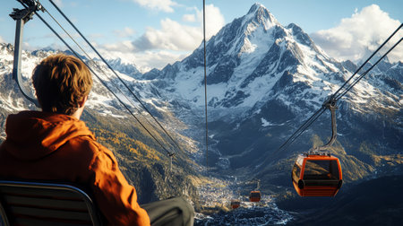 Seated on a ski lift, a person admires the stunning landscape of snow-covered peaks and lush valleys below, capturing the essence of winter adventure.の素材