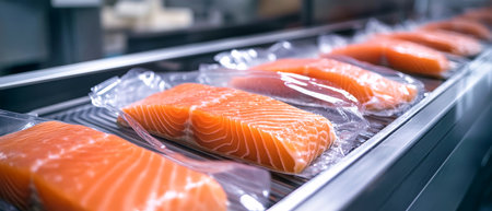 Bright orange salmon fillets are neatly vacuum-sealed on a conveyor belt in a clean, well-lit food packaging environment.の素材