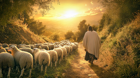In a tranquil setting, Jesus Christ leads a flock of sheep along a winding path as a radiant golden sunset bathes the scene in warmth and light.の素材
