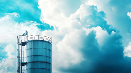 A striking fuel tank stands tall against a sweeping sky filled with dynamic blue and white clouds, highlighting the contrast between technology and the natural world.の素材