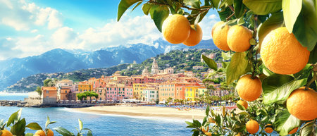 Vibrant oranges hang from trees, overlooking Mentona's colorful buildings and picturesque beach, set against majestic mountains.の素材