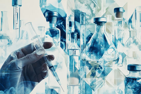 This creative visual intertwines medical research and education, featuring a syringe and a variety of laboratory equipment in striking blue and white hues, symbolizing discovery.の素材