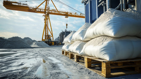 Large white sand bags are stacked on pallets in a busy industrial area, while a yellow crane operates above them in the bright sunlight.の素材