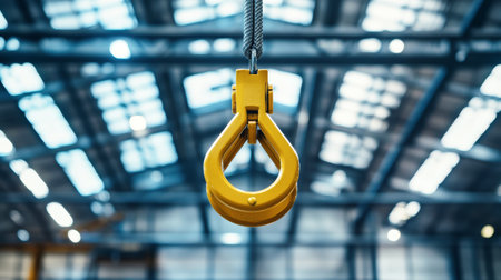 Suspended high above, a yellow crane hook catches the light in a modern warehouse, surrounded by sleek steel beams and an expansive gray ceiling, demonstrating industrial elegance.の素材