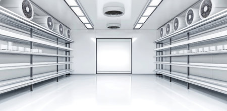 A cold, pristine room features empty food storage shelves, bright lighting, and overhead air conditioning for an ideal preservation environment.の素材