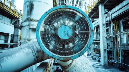 A sleek industrial fan stands out in a cement factory, blending modern design with the rustic charm of its raw material surroundings.の素材