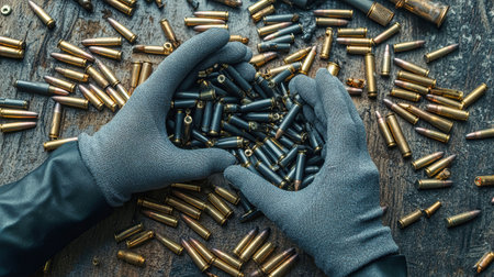 Gray-gloved hands gently cradle black cartridges, surrounded by an assortment of shiny rifle shells and scattered bullets on a weathered wooden floor.の素材