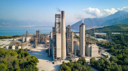 A sprawling cementing production facility operates under bright sunshine, with smoke billowing from its towering chimneys, surrounded by lush greenery and mountains.の素材