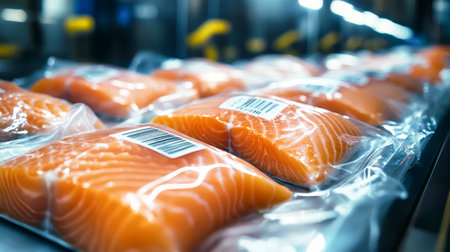 Salmon fillets neatly packed in clear plastic bags are illuminated on a high-tech production line, highlighting the freshness and quality of seafood in a fish factory.の素材