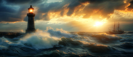 Against a backdrop of colorful storm clouds at sunset, waves crash against a sturdy lighthouse while a fishing schooner navigates the restless sea.の素材