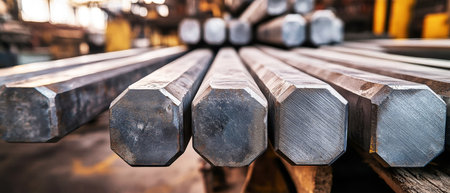 Hexagonal steel bars display smooth surfaces and rounded corners under bright natural light, emphasizing their industrial design and craftsmanship in a factory environment.の素材