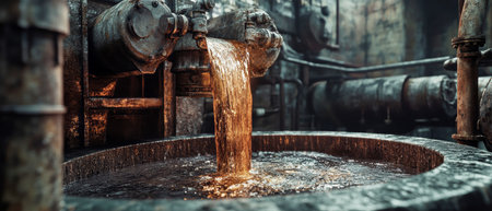 Molten metal cascades into a tank of pipes, while water flows around, creating a striking industrial ambiance filled with textures and details.の素材