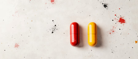 Two vividly colored red and yellow capsules rest on a light, textured surface, surrounded by artistic splashes of color, showing their glossy finish and unique design.の素材